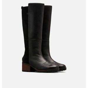 Sorel  Womens Size 7 Cate Tall Knee High Black Leather Suede Stacked Heel Boots